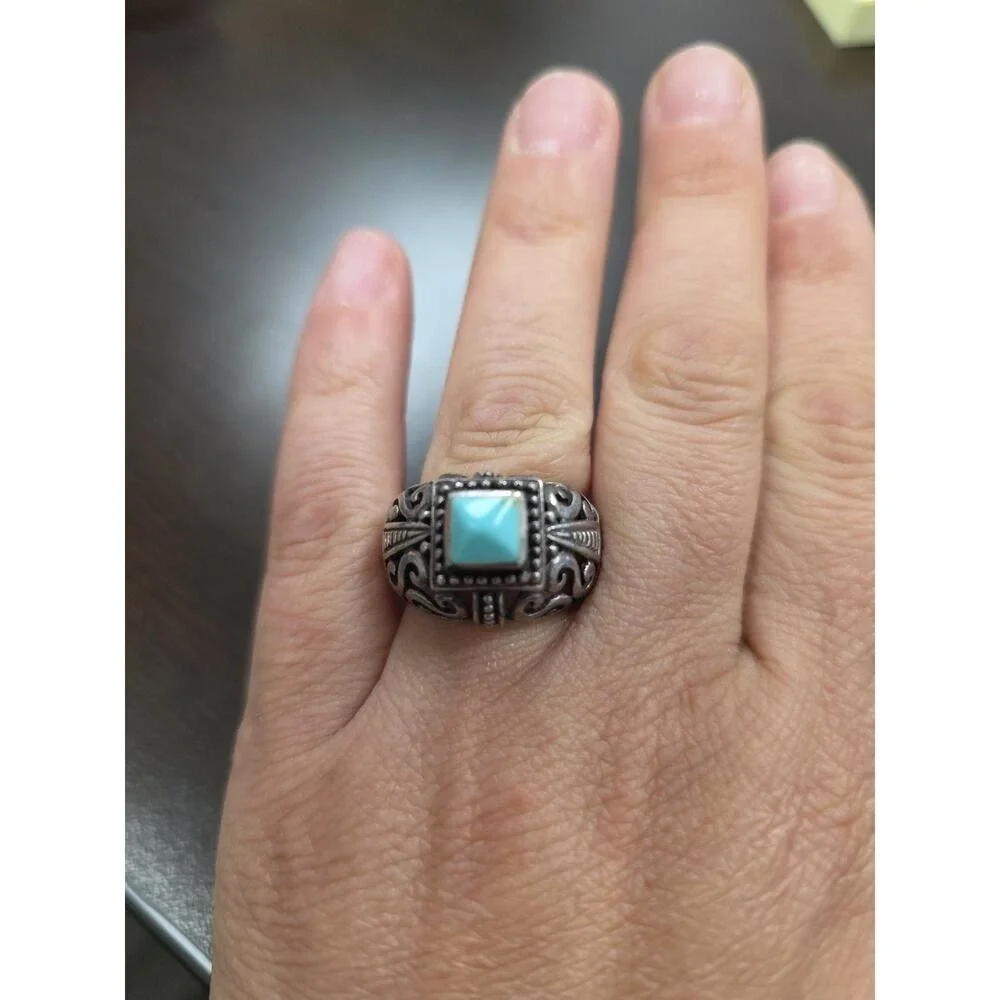 Vintage Native American Sterling Silver Inlaid Turquoise Coral Ring Size‎ 7